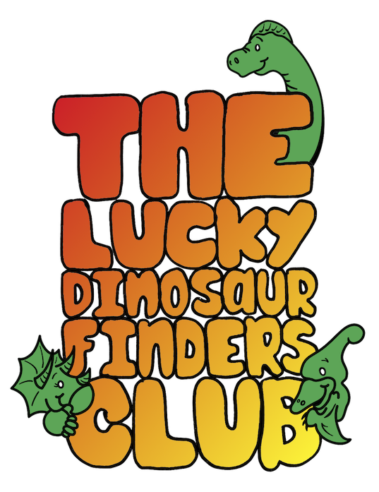 Colorful red-fading-to-yellow letters saying 'The Lucky Dinosaur Finders Club' with green cartoony dinosaurs peeking out behind the letters.